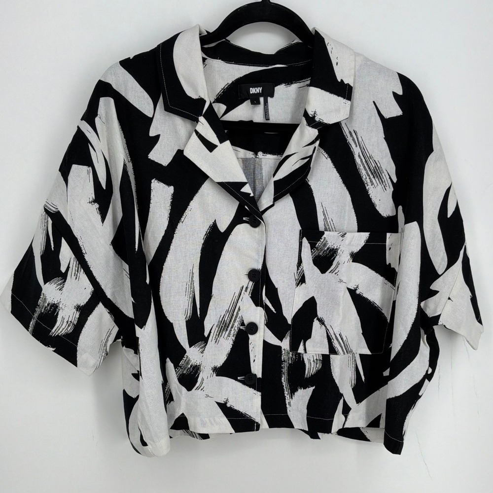 DKNY Black White Abstract Brushstroke Linen Blend Cropped Button Up Shirt L